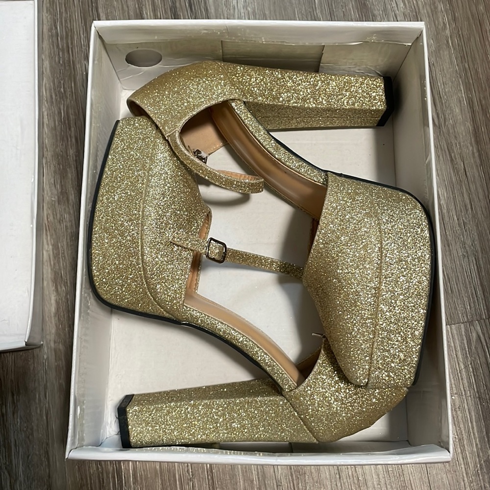 gold block heels with platform